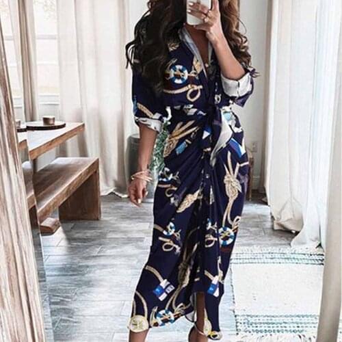 Button Draped Bandage Dress Irregular Deep V-neck Shirt Dress Autumn Women Beach Long Dresses Party Dresses Vestidos De Fiesta