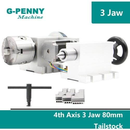 3 Jaw 80mm chunk 4th Axis A axis Ratory Axis with nema23 motor Tailstock dividing head Rotation 6:1 for CNC router engraving