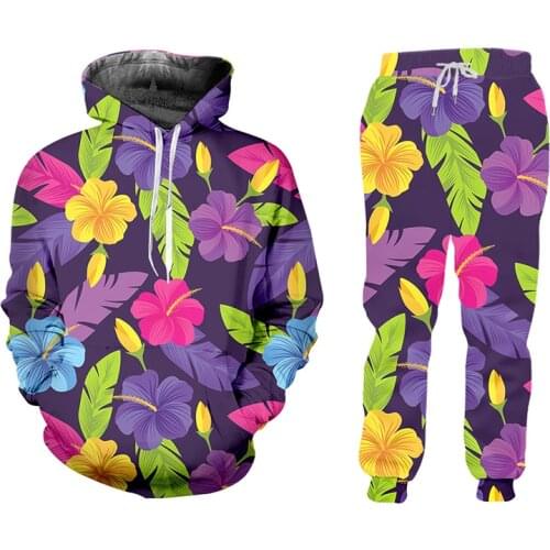 IFPD Tracksuits For Women Colorful Leaves 3d Print Purple Hoodie + Jogging Pants Set Harajuku Floral Casual Sportswear Clothing