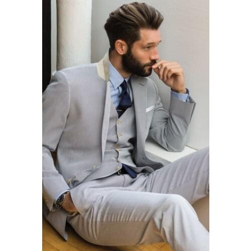 Light Gray Men Suits Notch Lapel Two Buttons Terno Slim Fit Tuxedos Custom Marriage Homme (Jacket+Pant+Vest+Tie+Handkerchiefes)