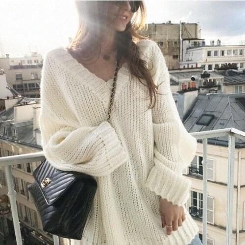 Women 2021 Early Autumn Fashion V-neck Sweater Tops Female Solid Color Pullovers Ladies New Loose Knitted Warm Tops Y318