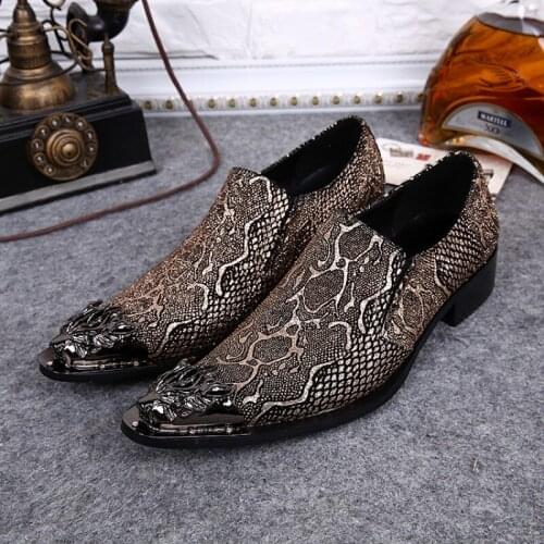 Christia Bella Fashion Snake Skin Pattern Men Real Leather Shoes Pointed Toe Party Dress Shoes Big Size Formal Business Footwear