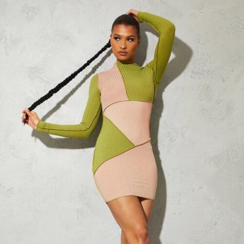 ZKYZWX Knitted Women Fall Dress Long Sleeve Patchwork Cute Y2k Clothes Casual Outfits Elegant Party Skinny Club Mini Dresses