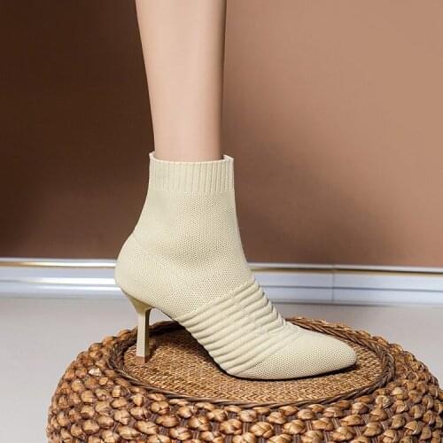 Martin boots women 2021 New womens boots autumn and winter pointed toe knit short boots womens thick heel high heel boots