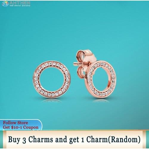 Ahthen 925 Sterling Silver Earrings Rose Sparkling Circle Stud Earrings Cubic Zirconia Statement Stud Earrings Women Earrings