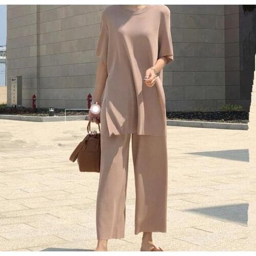 Fashion Ice silk Knitted Two piece Casual Set Women Long Pullovers Tops and wide-leg pants Suits Autumn winter High Quality