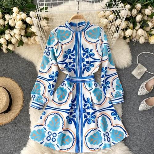 Womens Spring Autumn Runway Fashion Vintage A Line Print Dress Female Travel Chic Beach Dress TB1755