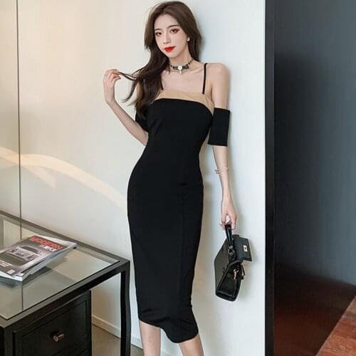Fashion Korean Vintage Casual Sexy Strap Sleeveless Midi Party Club Dress Ladies Elegant Robe Backless Bodycon Black Beach Dress