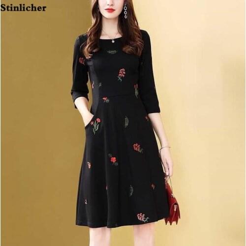 Vintage Black Flower Embroidered Dress Womens Spring Autumn Elegant Office Ladies Work Dress Fashion A Line Midi Dress Robe