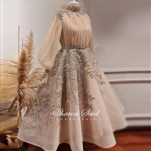 Sharon Said Champagne Long Sleeve Arabic Evening Dress 2021 Luxury Dubai Women Wedding Party Gowns Muslim Formal Prom Dresses