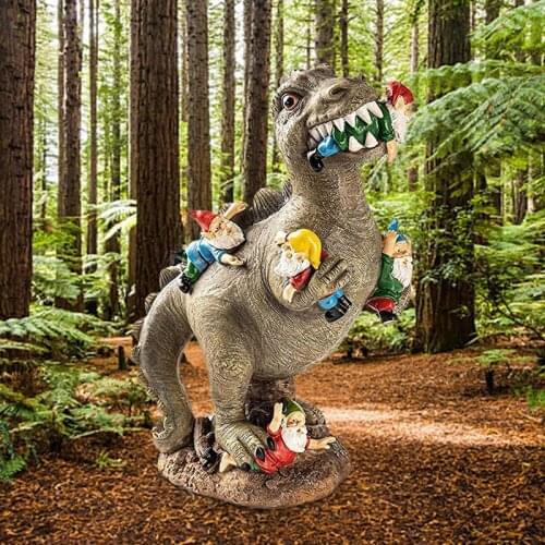 Dinosaur Eating Gnomes Figurine Statues Creative Dinosaur Eating Dwarf Statue Garden Art Sculpture Outdoor Decoration