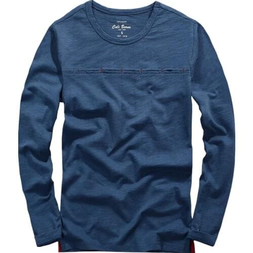 2021 Spring Mens Vintage Solid Bamboo Cotton Long Sleeve T-shirts Male Casual Tee Tshirts Comfortable Soft Slub Cotton Tops