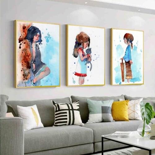 New Design Cartoon Girl With Cat Watercolor HD Print Canvas Oil Paintings For Kids Childrens Living Room Home Decor Wall Picture