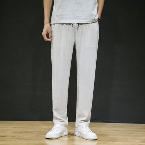 Summer Mens Cotton Line Casual Pants Solid Washed Thin Breathable Straight Trousers Beige White Black Plus Size Clothing Man