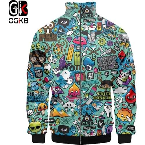 OGKB Men Fashion Multi-element Graffiti Print Zip Up Jacket Streetwear Harajuku Plus Size Stand Collar Jacket Women Casual Coat