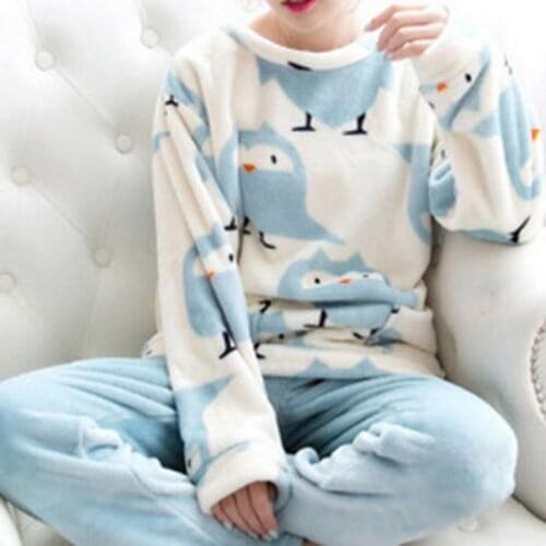 Pajama Women Thick Flannel Warm Female Winter Pajama Set Long Sleeve Full Trousers Two Piece Pajamas Animal Cartoon owl