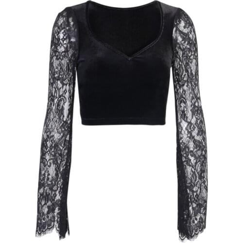 Ruibbit New Gothic Sexy V Neck Lace Black Tops Harajuku Vintage Velvet Bodycon Women Autumn Transparent Long Sleeve Tops