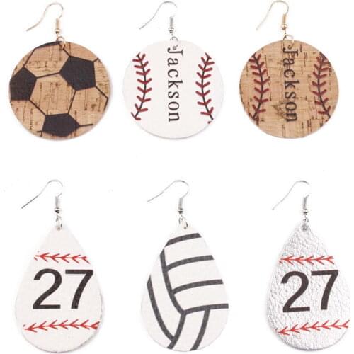 ZWPON Cork Soccer Baseball Leather Earrings for Women Round Silver Color Jackson Print Leather Teardrop Earrings #27 Wholesale