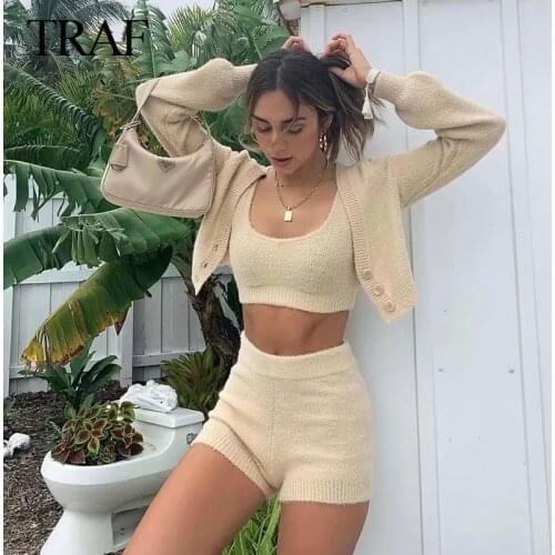 TRAF ZA New Vintage Set Long Sleeve Cardigan Single-breasted Button Tank Top Mini Shorts Knitted Sweater Three Piece Suits