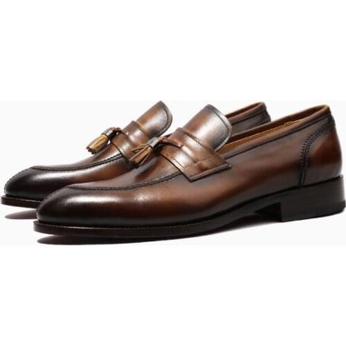 Italian Handmade Genuine Leather Formal Tassel Wedding Mens shoes Goodyear Slip on Fashion business Shoes Men