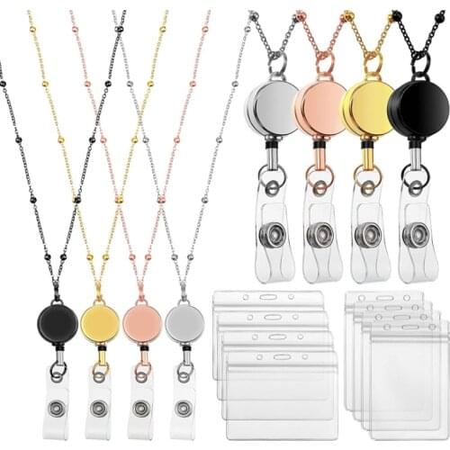 KURSHUNI Metal Retractable Badge Reel Lanyard with ID Holders Necklaces Lanyard Badge Clip Chain Holders for Girl Women Employee