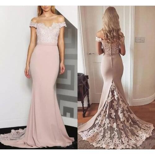 Sexy Pink Mermaid Bridesmaid Dress Off The Shoulder Appliques Wedding Party Maid of Honor Prom Dresses Long