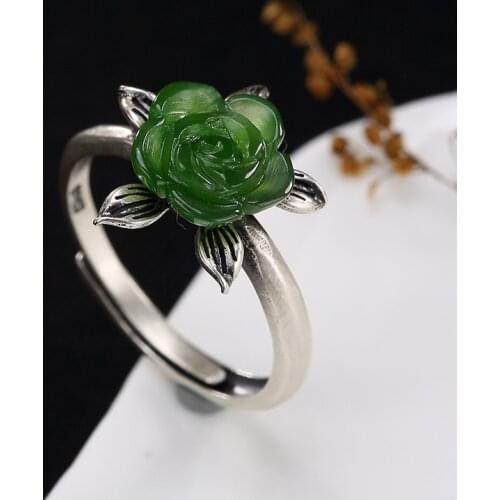 2018 Fashion Silver S925 Sterling Silver Antique Mosaic And Jade Jasmine Rose Lady High-end Open Ring Ring Wholesale