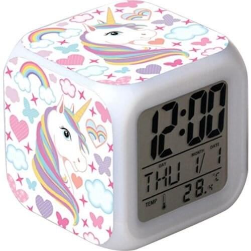 4-sided Unicorn Pattern And 7 Kinds Of LED Luminous Wake-up Bedside Clock Unicorn Room Decoration Childrens Alarm Clock