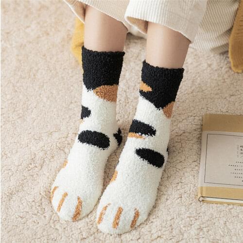 5 pairs womens socks Cute sweet plus velvet cartoon cat paw socks Student college style Coral fleece tube girl sock