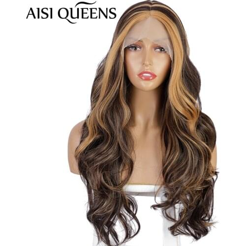 AISI QUEENS Synthetic Lace Front Wig Middle Part Natural Wave Mixed Brown Hair Red Black Orange for Women