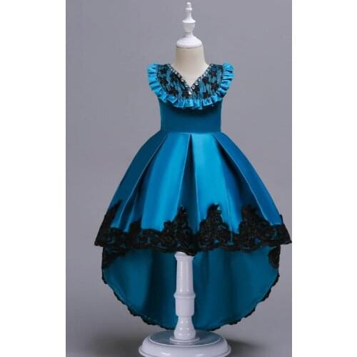 Free Shipping 3-14T Flower Girl Train Wedding Dresses Girl High Quality Pearl Bright drill Tutu dress Lace Princess Party Dresse