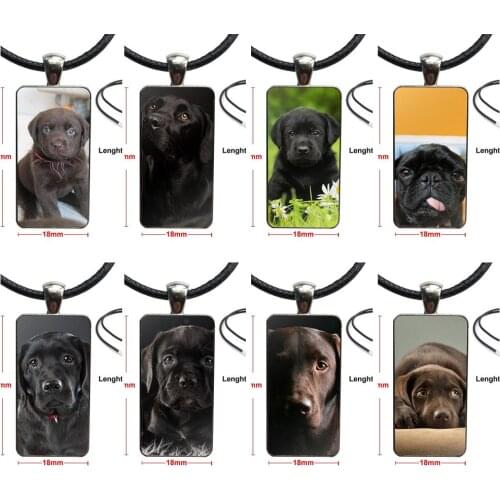 Black Labrador Puppies Dog For Women Girl Gift Glass Cabochon Jewelry Steel Color With Long Pendant Choker Rectangle Necklace