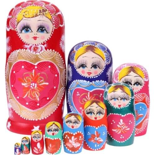Wooden Toys 10pcs Matryoshka Doll Set Russian Nesting Babushka Matryoshka Hand Paint Heart Shape Crafts Wood Toy