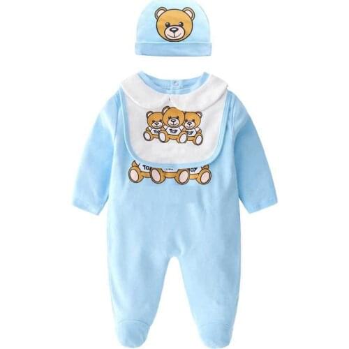 Summer fashion newborn baby clothes Short-sleeved Cotton cute cartoon Little bear new born baby boy girl romper and hat Bibs Set