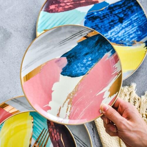 Gold Watercolor Creative Ceramic Plate Steak Plate Dessert Plate Fruit Dish Family Hotel Use Ins Ceramic Tableware 1Set