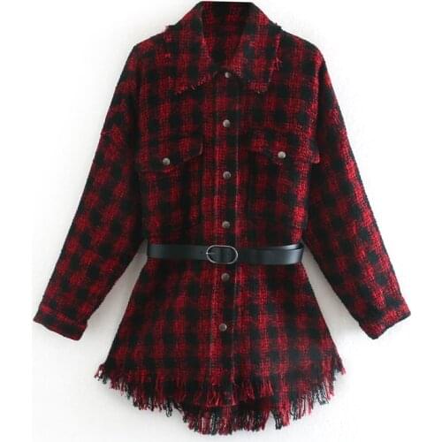 2020 New Womens Assembling Belt Waist Red Plaid Hem Fringed Fashion Girl Shirt Jacket Top