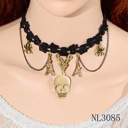NL3085 New Sexy Vintage Punk Vampire Skull Tower Spider Pendant Lace Necklace With Tassel For Women