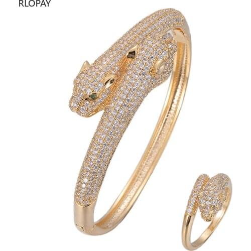 Tension Setting Cubic Zircon Bracelet Ring Set In Gold and Silver Color Leopard Figure Bracelets Bangles French Bridal Jewelry