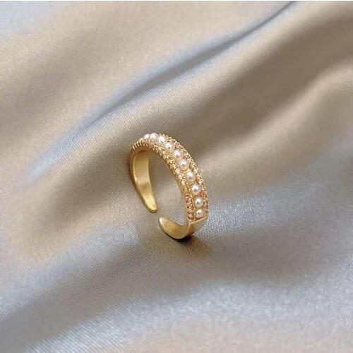 TIMEONLY Luxury Shinning Rhinestones Simulation Pearl Open Ring for Womem Ladies Delicate Charms Rings Anniversary Gift Jewelry