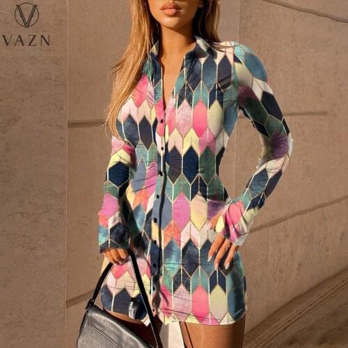 VAZN 2021 Bandage Summer Street Style Print Shinny Deep V-neck Full Sleeve Clothing Shirts Women Top