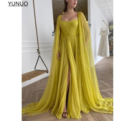 YUNUO 2021 Citrine Yellow Formal Evening Dresses With Long Cape Chiffon vestidos de fiesta A Line Pleats Side Split Prom Dress