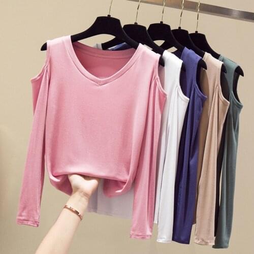 2020 Summer Top Pink T Shirt White Sexy Off Shoulder Tee Shirt Femme Female Slim High Quality Long Sleeve Tops Fashion Clothes