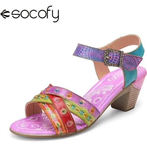 SOCOFY Women Ethnic Style Sandals Colorblock Cross Strap Splicing Printed Genuine Leather Hook Loop Comfy Chunky Heels Sandals