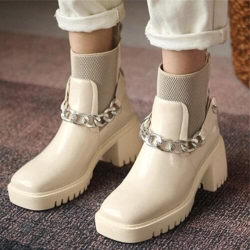 Military Mary Janes Women Genuine Leather Square Toe Ankle Boots Motorcycle Chain Chunky Creeper Shoe 34 35 36 37 38 39