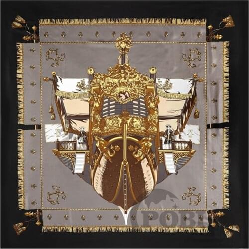 POBING 100% Silk Scarf Women Large Shawls Spain Print Stoles Square Bandana Luxury Tassel Kerchief Scarf Female Foulards 130CM