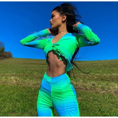 Women two piece set tracksuits Lace up ruffles tie dye crop top and high waist long flare pants Mesh sexy party club outfits