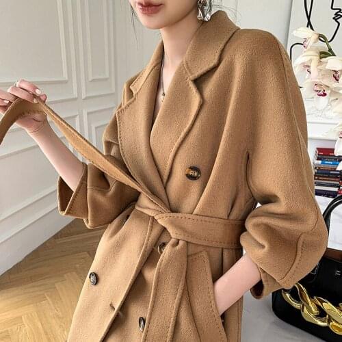 High end camel double-sided cashmere coat womens medium and long m family 101801 wool tweed coat 2021 high sense