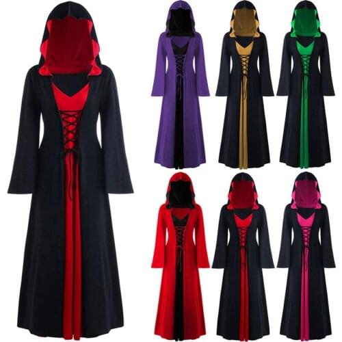Women Gothic Hoody Witch Long Dress Crisscross Bandage Cospaly Costume for Halloween Stage Costume for women adults dress