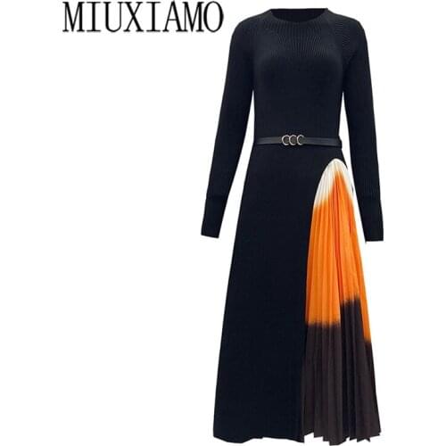 MIUXIMAO 2021 Spring Autumn Fashion Designer dress Women Sashes knitting Long sleeve Patchwork Pleated Dresses With Belt