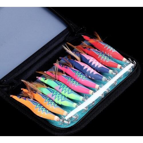 10Pcs Squid Jigs Set with Box Hard Bait Artificial Bait Night Fishing Lure Wood Shrimp Squid Hooks Cuttlefish Octopus